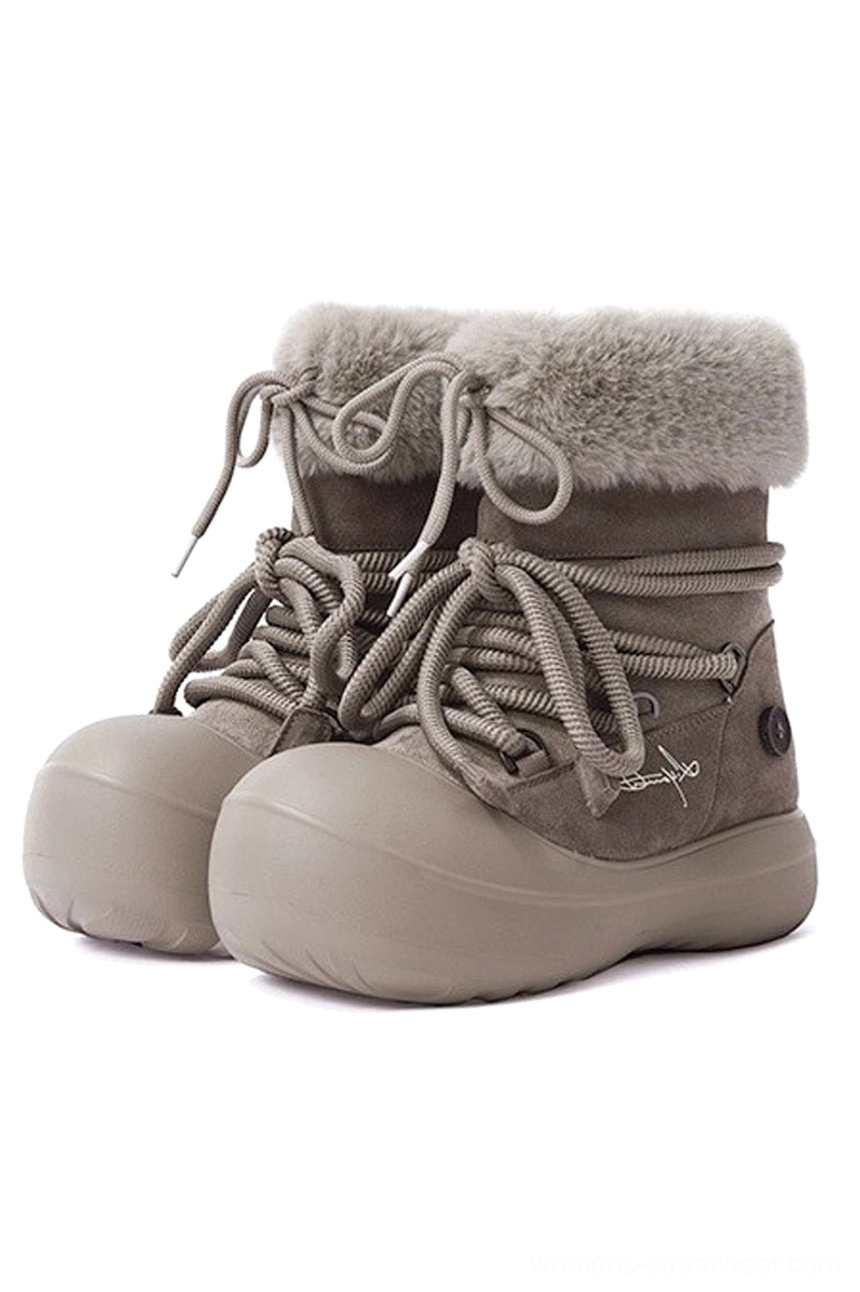 Gray suede fleece-lined platform winter boots with matching gray rope laces and thick rounded sole three-quarter view