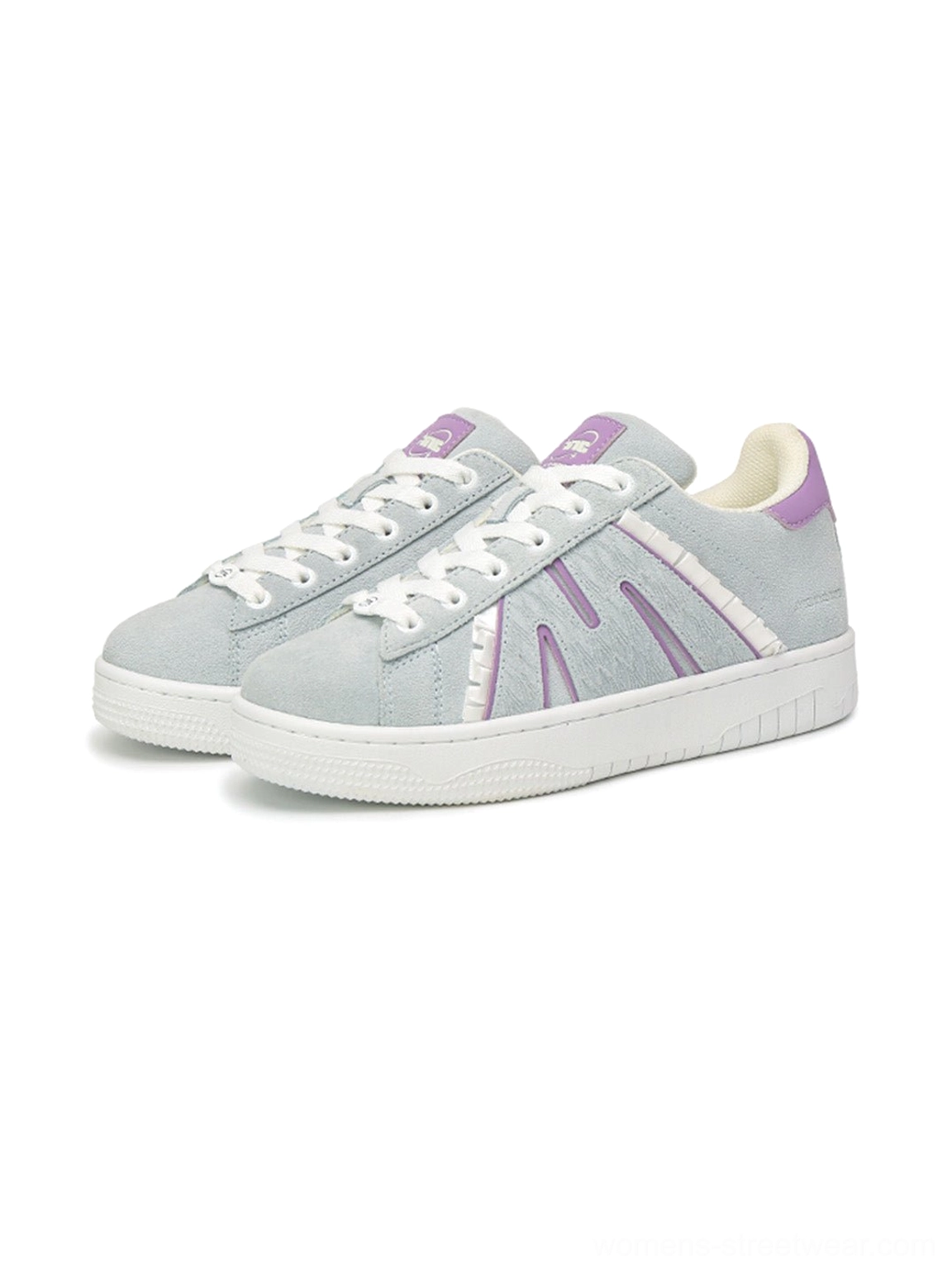 Gray suede platform skate sneakers with interchangeable lace sets and chunky streetwear sole
