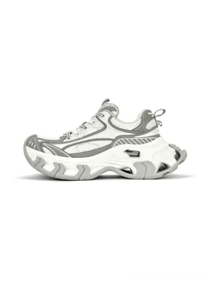 Gray-teal chunky platform dad sneakers side profile static product shot pure white background two-tone layered mesh upper thick rugged outsole