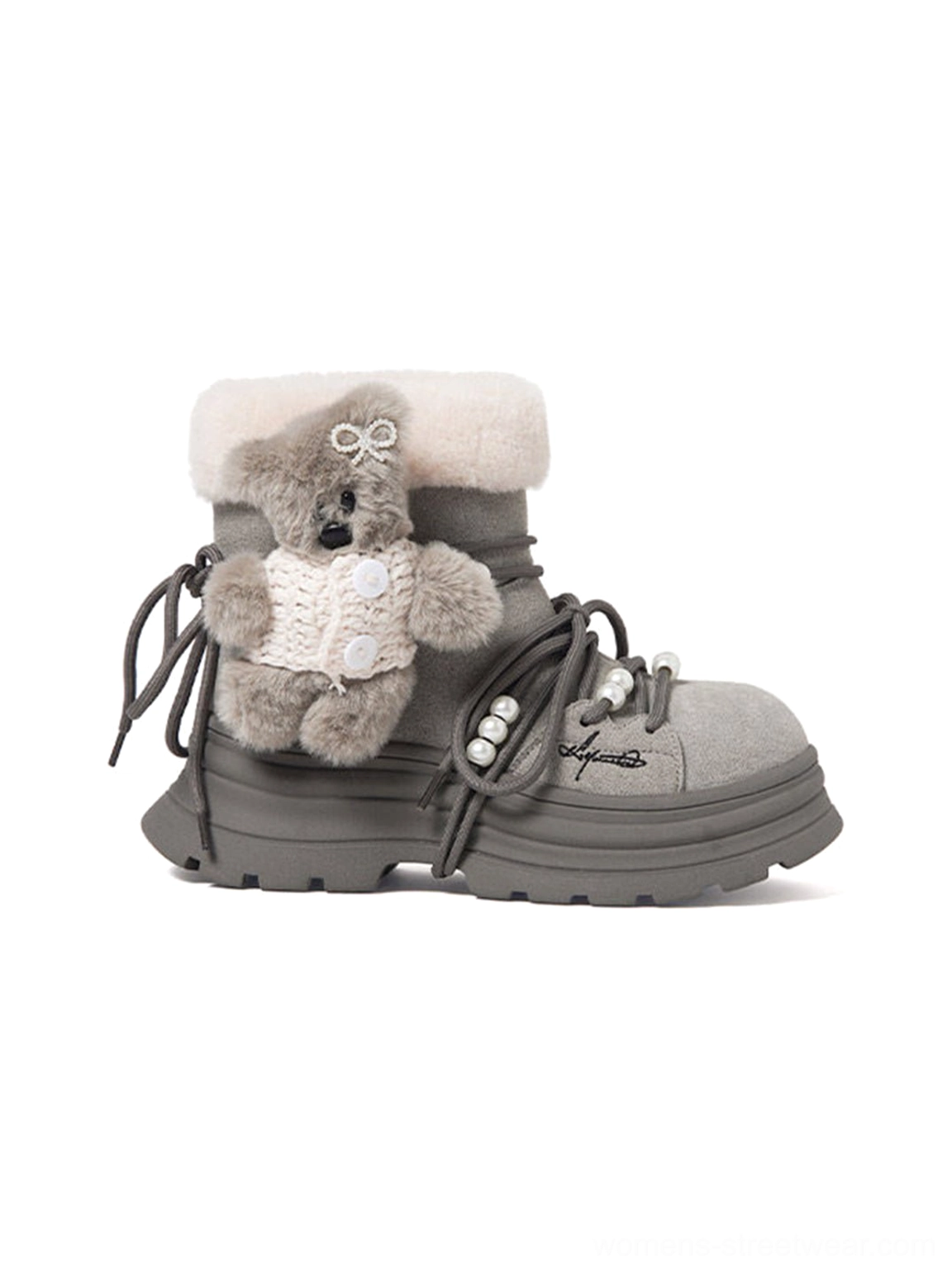 Front three-quarter view of gray platform snow boot with fluffy plush cuff teddy bear lace charm and pearl-inspired decorations