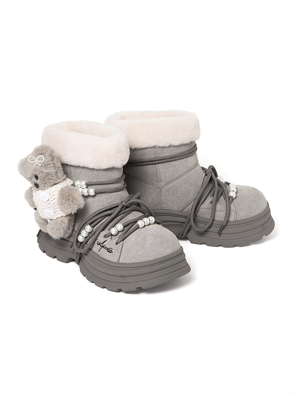 Pair of gray plush cuff teddy bear platform snow boots in front three-quarter studio view with matching lug soles