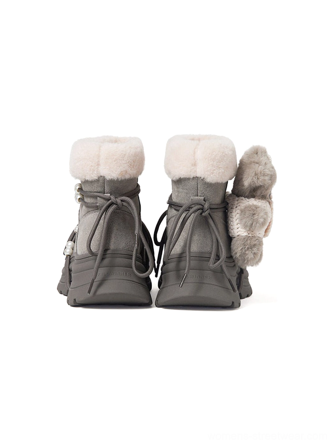 Rear view of pair of gray plush cuff platform snow boots with teddy bear heel charms and thick treaded platform soles
