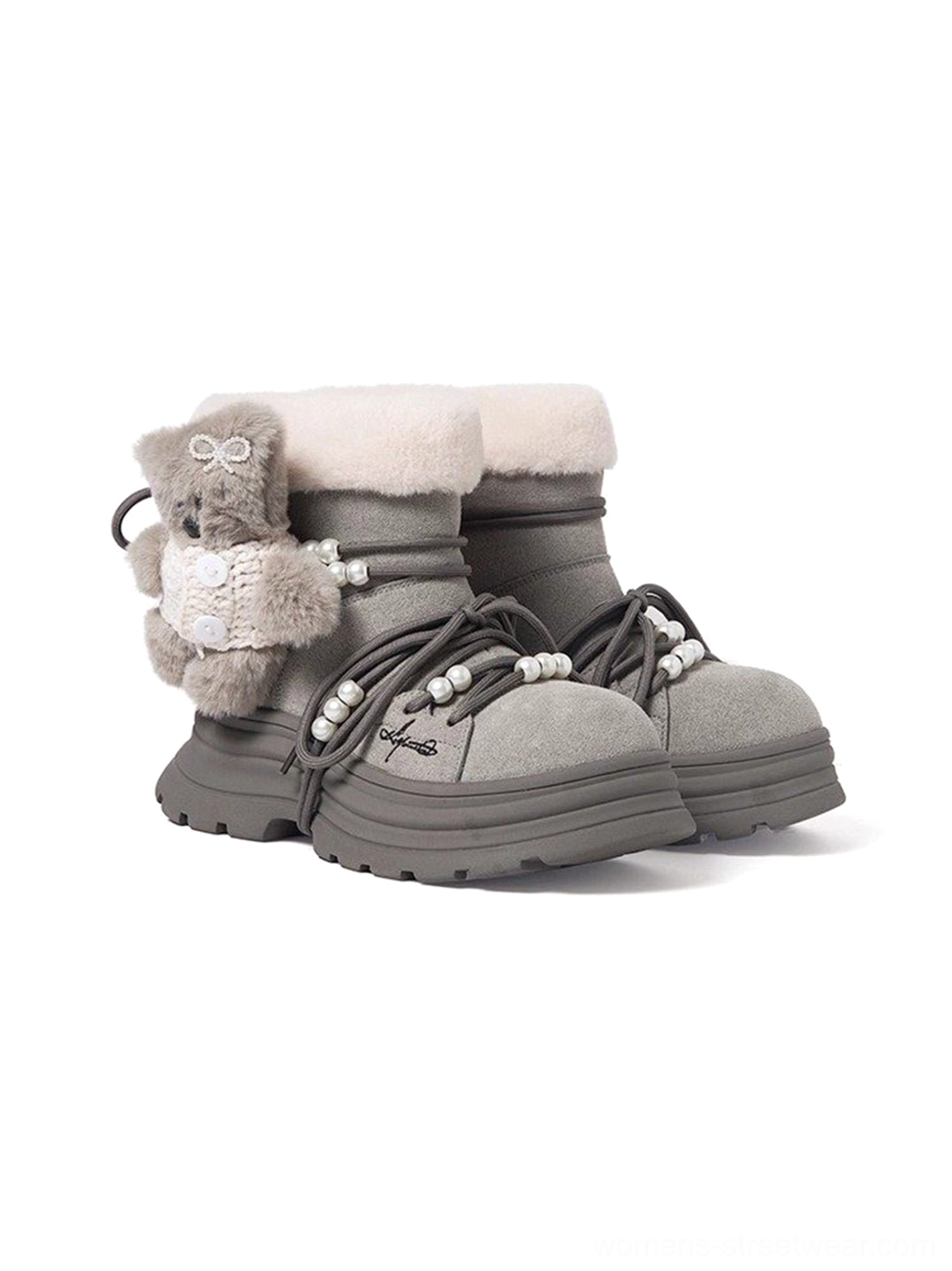 Rear side studio view of gray teddy bear plush cuff platform snow boots showing heel straps and bear charm decorations