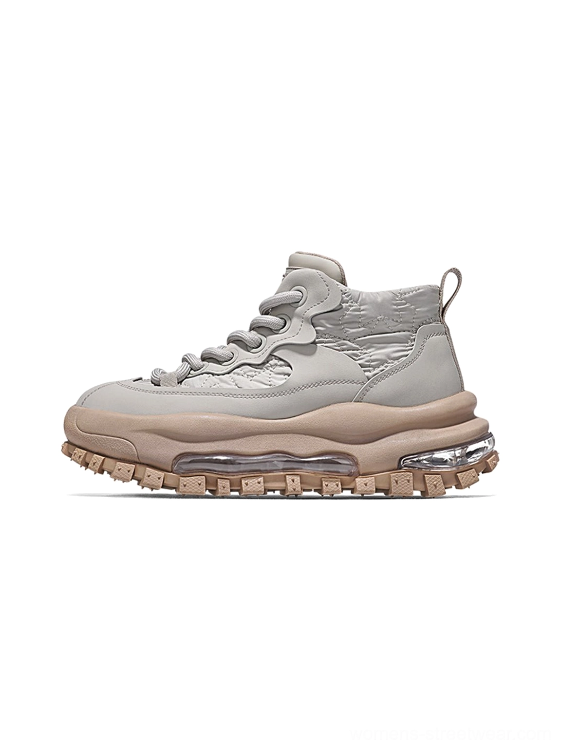 Gray trail platform sneakers with chunky air cushion sole and mid-top outdoor-inspired profile