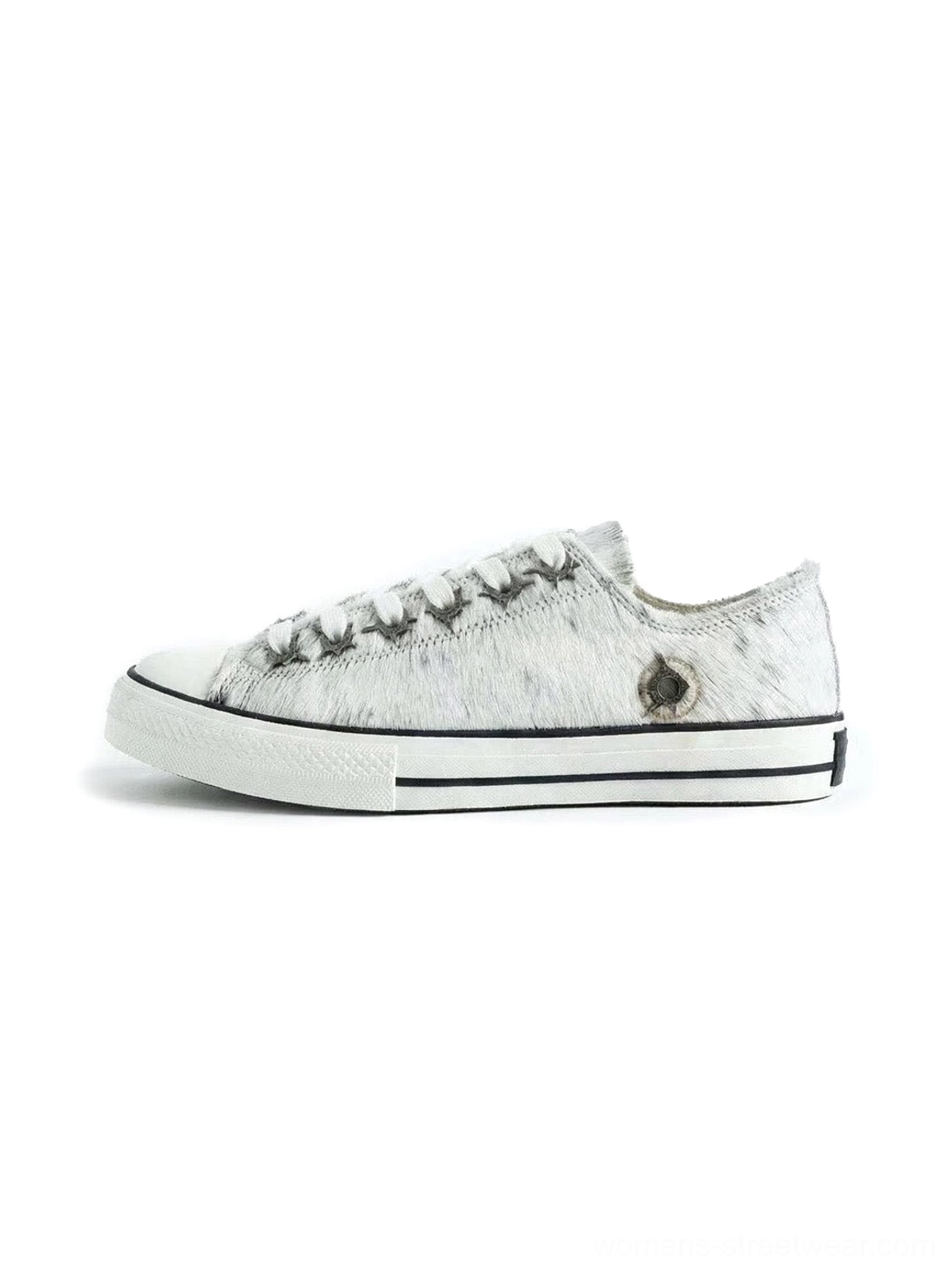Gray and white marbled cowhide low-profile sneakers with textured leather upper, black side stripe, and white vulcanized sole