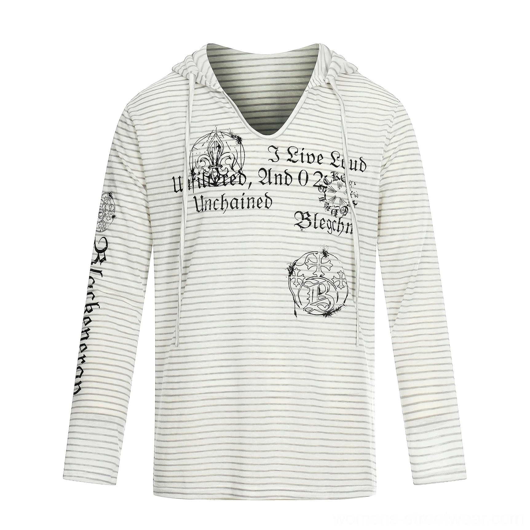 Gray and white striped gothic hooded long sleeve top with sketch-style graphics for Korean streetwear, grunge, and everyday layering