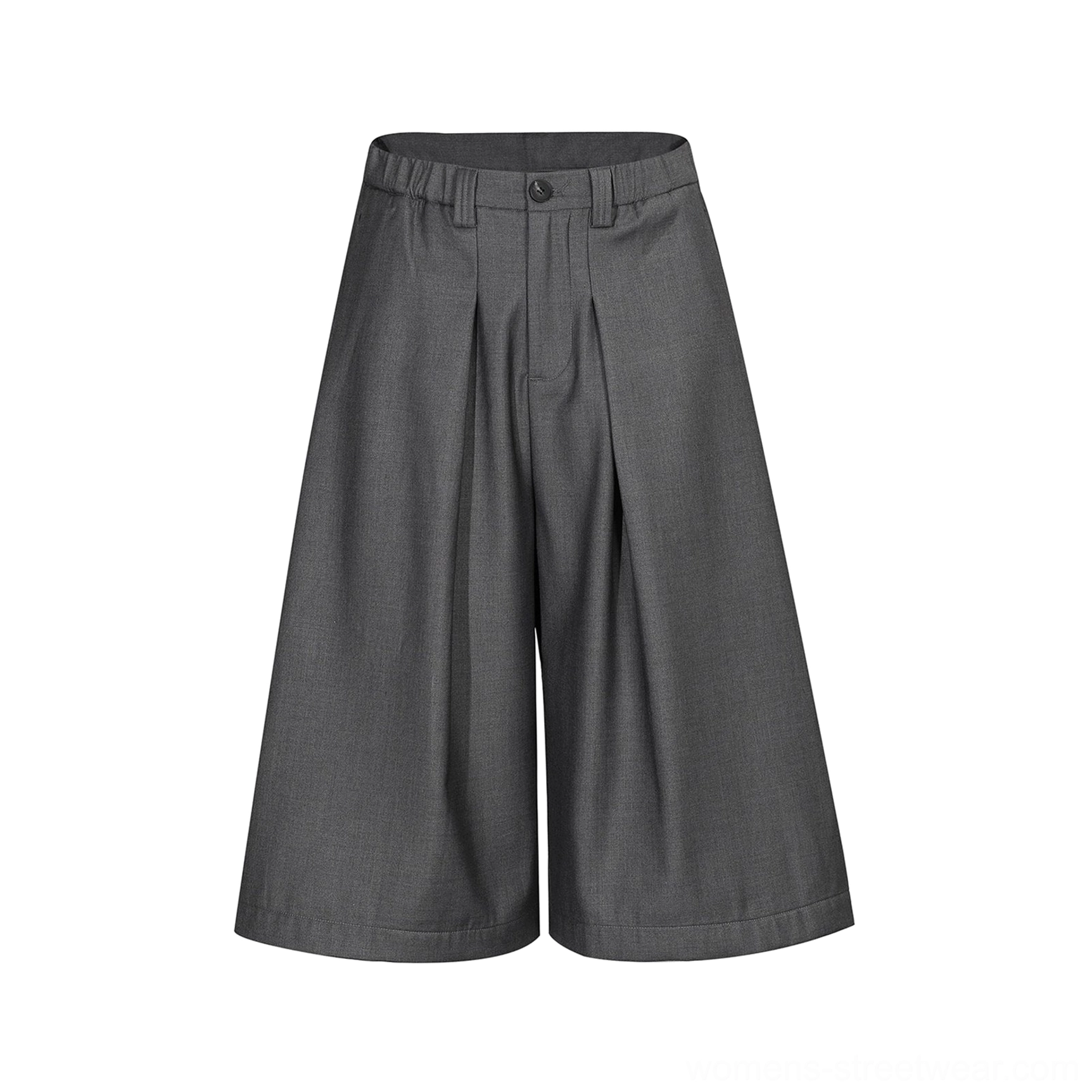 Gray wide-leg pleated culotte trousers with elasticated waistband, utility keyring accent, and modern Seoul streetwear styling