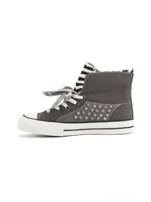 Gray studded high-top canvas sneakers shown in side profile with silver dome studs, zebra-print foldable collar, white rubber sole, and punk streetwear design