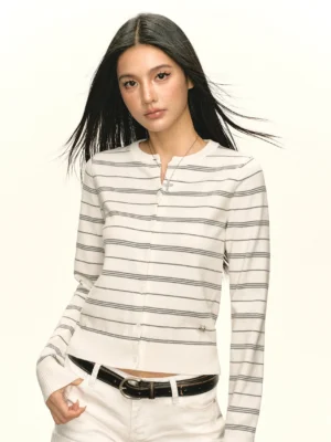 Grayish white striped slim fit knit henley cardigan front three quarter close up with button neckline