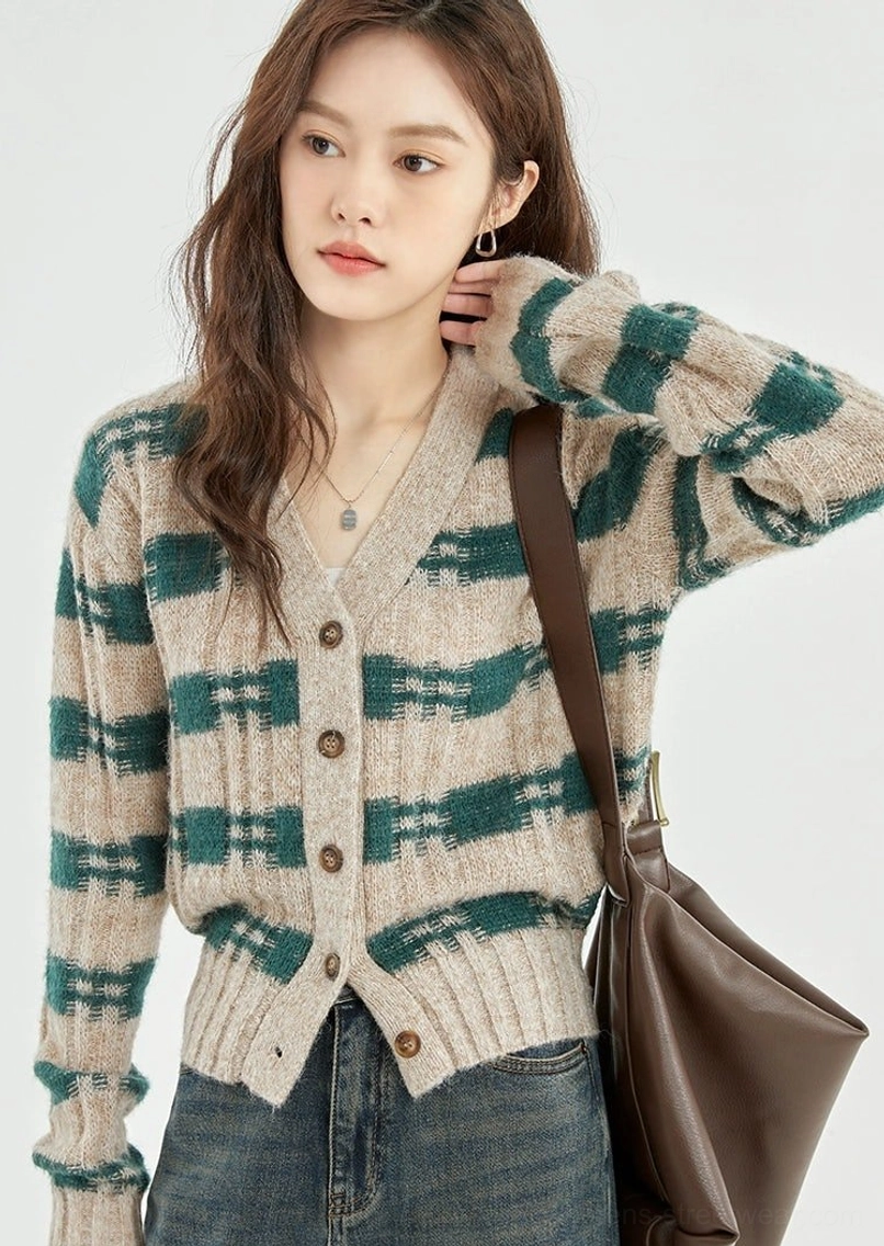 Green beige plaid cropped knit cardigan front outfit view with V neck button placket and high waist denim
