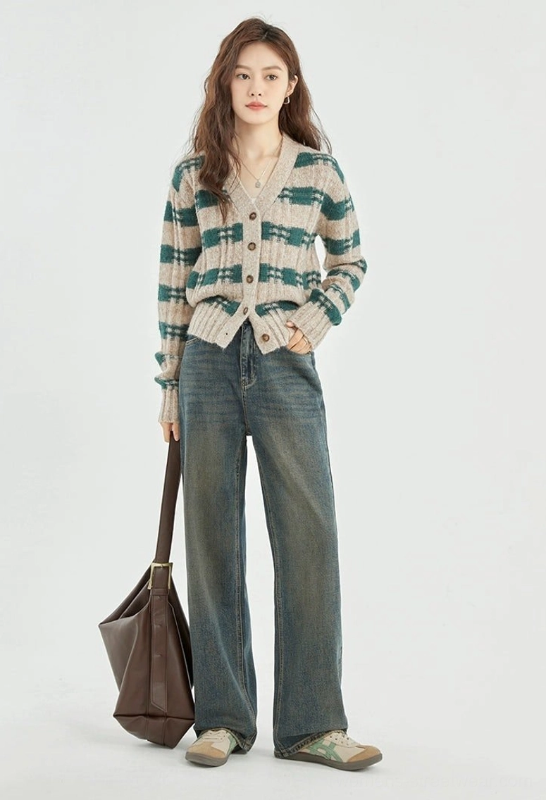 Green beige plaid cropped knit cardigan product detail image with button front and ribbed knit finish