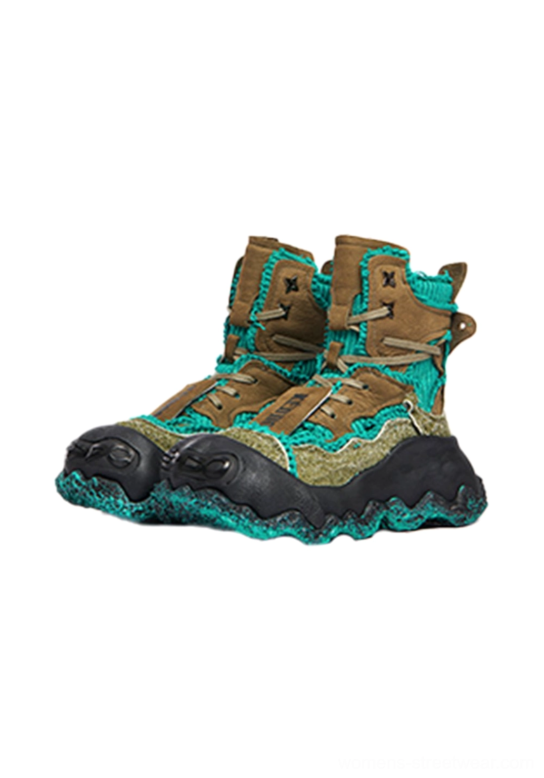 Pair of green and brown abstract splash platform combat boots with textured fuzzy upper and irregular chunky black sole