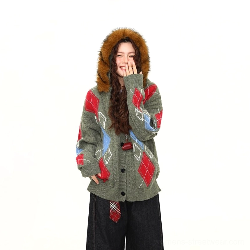 Green faux fur hood argyle cable knit oversized cardigan color variant product image