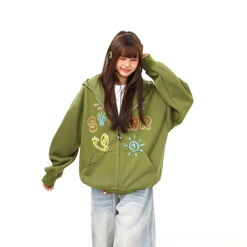 Green graffiti zip-up hoodie featuring a cartoon sun, letter doodles, oversized sleeves, and warm fleece-lined streetwear construction