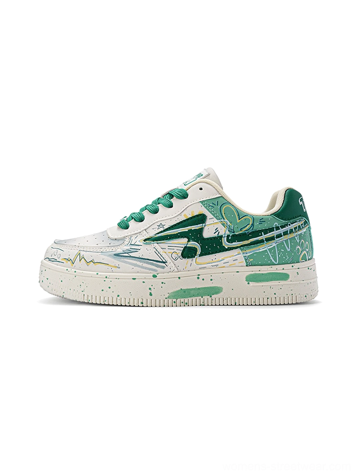 Green and white graffiti lightning low-top court sneakers with abstract doodle print, green laces, and speckled sole