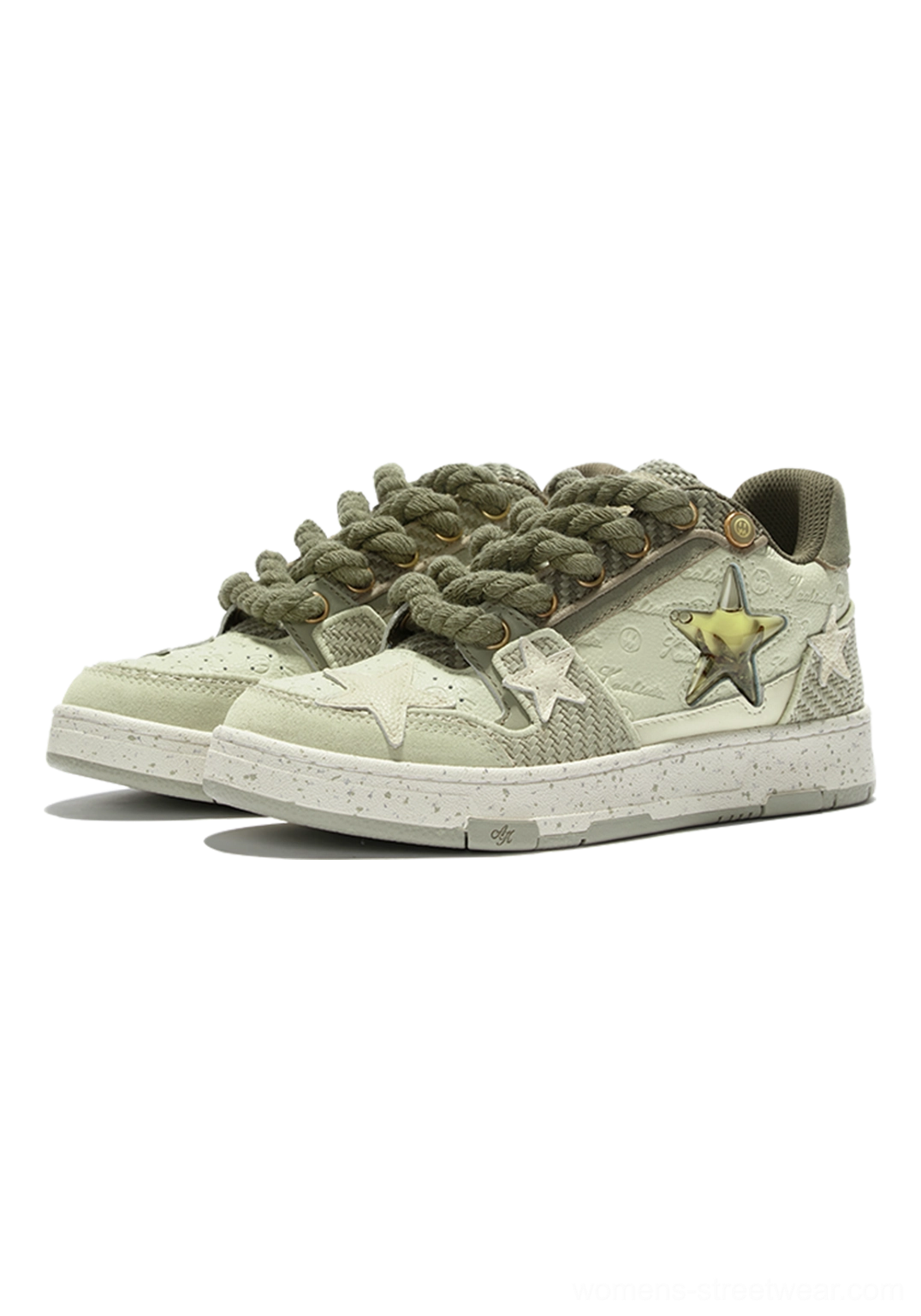 Pair of green Longjing tea star sneakers shown from the front with olive rope laces, gold star details, beige panels, and speckled soles
