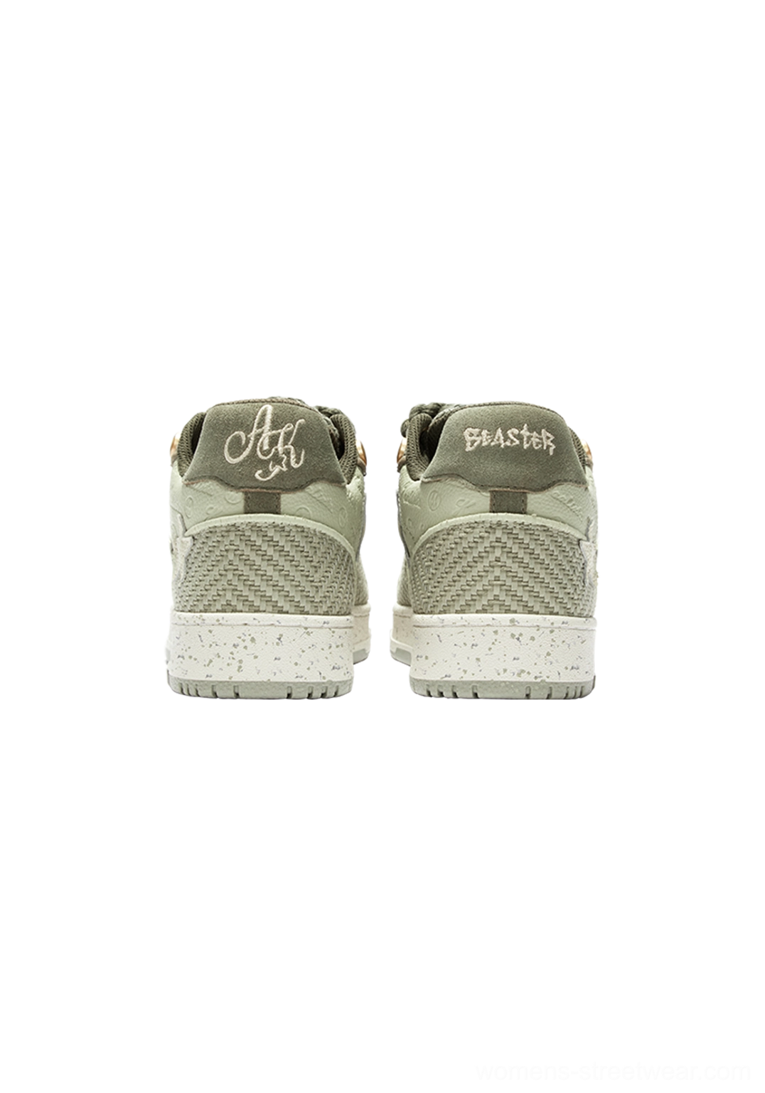Rear view of green Longjing tea star sneakers showing olive heel collars, matching rope laces, artistic heel graphics, and layered streetwear construction