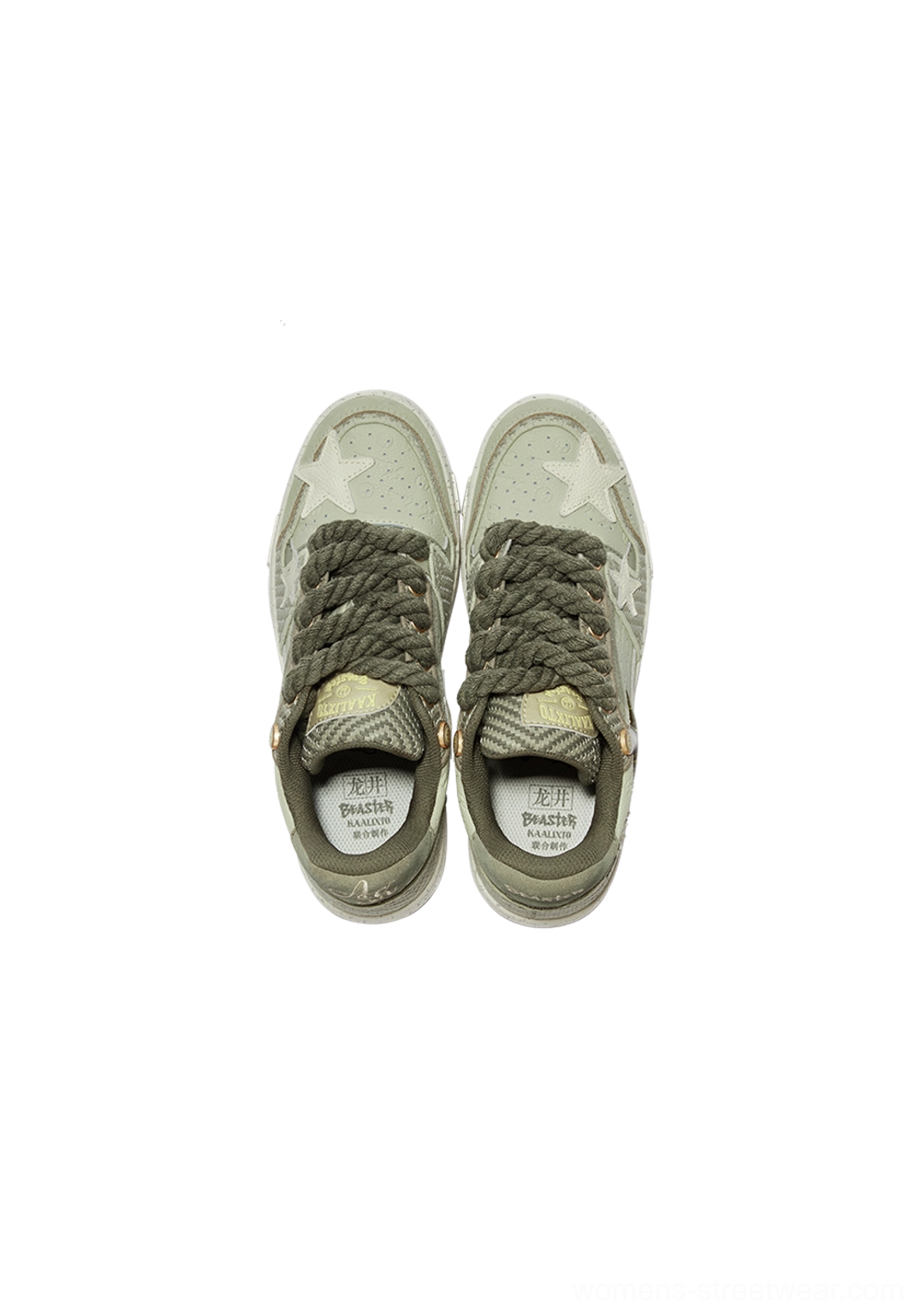 Top-down view of green Longjing tea star sneakers showing the insoles, thick rope laces, layered upper construction, and speckled rubber outsoles