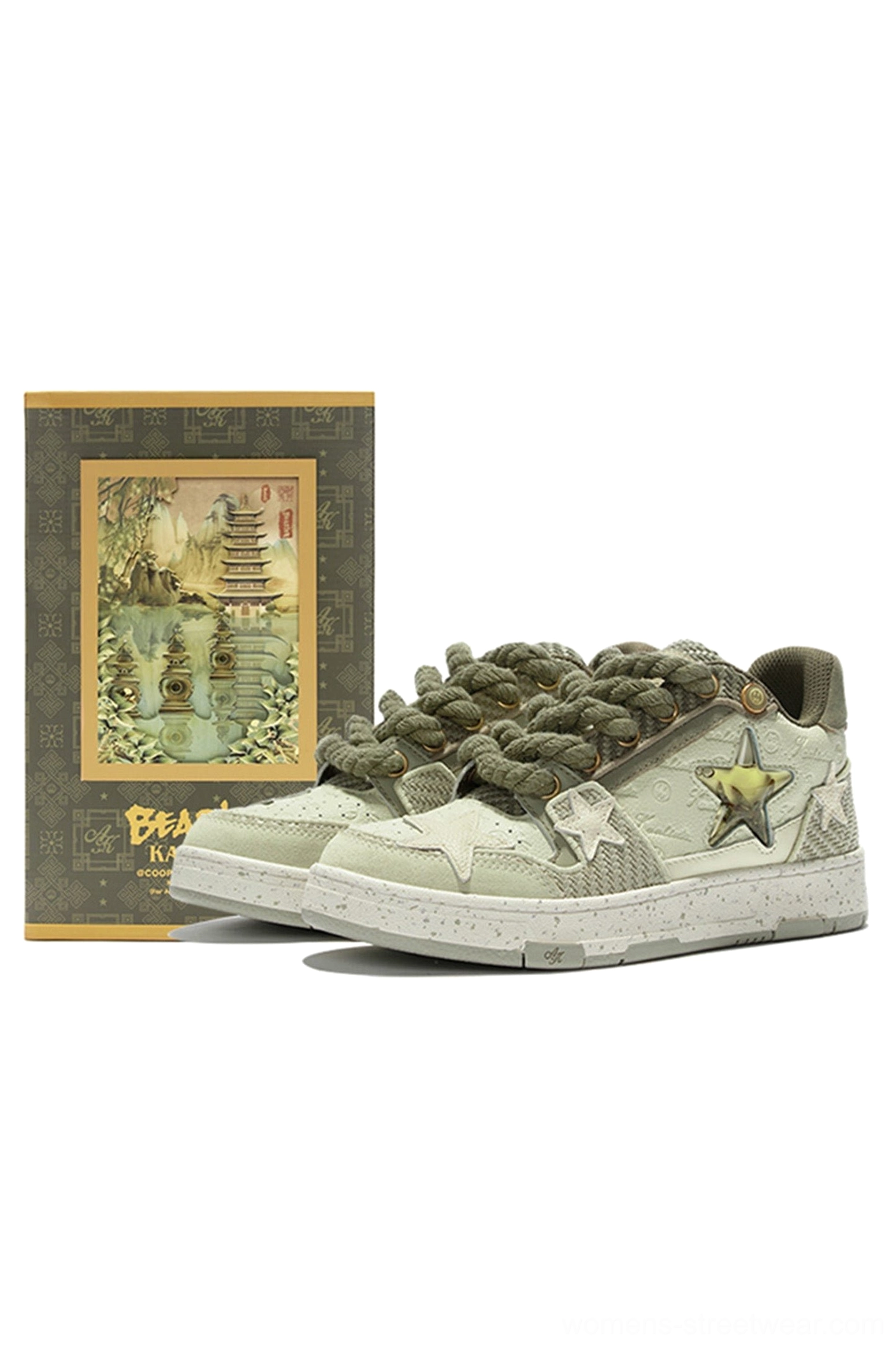 Green Longjing tea star sneakers displayed with traditional Chinese landscape inspired retail packaging and coordinated green sneaker details
