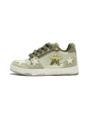Green Longjing tea inspired star sneakers shown in a full side view with olive and beige layered panels, metallic gold star ornament, thick rope laces, and speckled rubber outsole