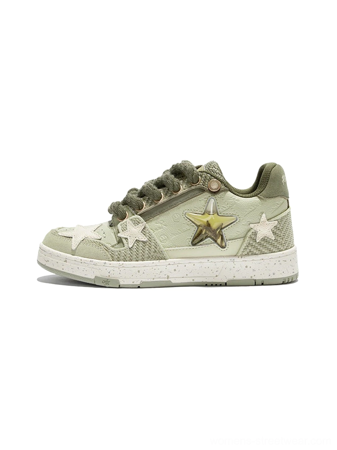 Green Longjing tea inspired star sneakers shown in a full side view with olive and beige layered panels, metallic gold star ornament, thick rope laces, and speckled rubber outsole