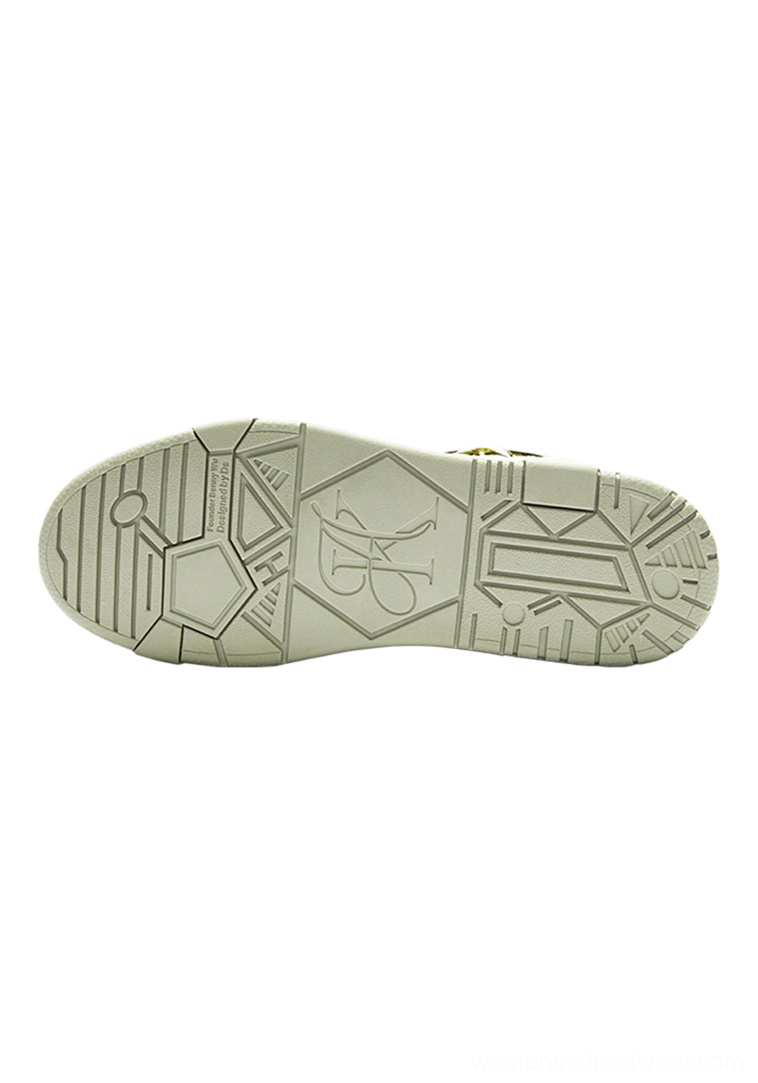 Green Longjing tea star sneakers designed for Y2K streetwear with layered panels, tea-inspired details, gold star ornaments, and speckled rubber soles
