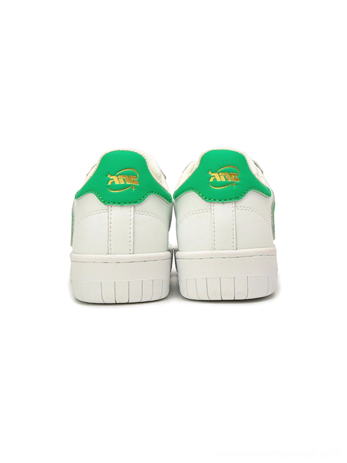 Rear view of green lucky clover platform sneakers with contrast heel tabs and chunky grid-textured soles