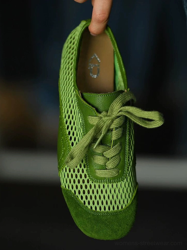 Green mesh suede lace-up streetwear sneakers with breathable mesh panels, textured leather overlays, and flexible low-top construction