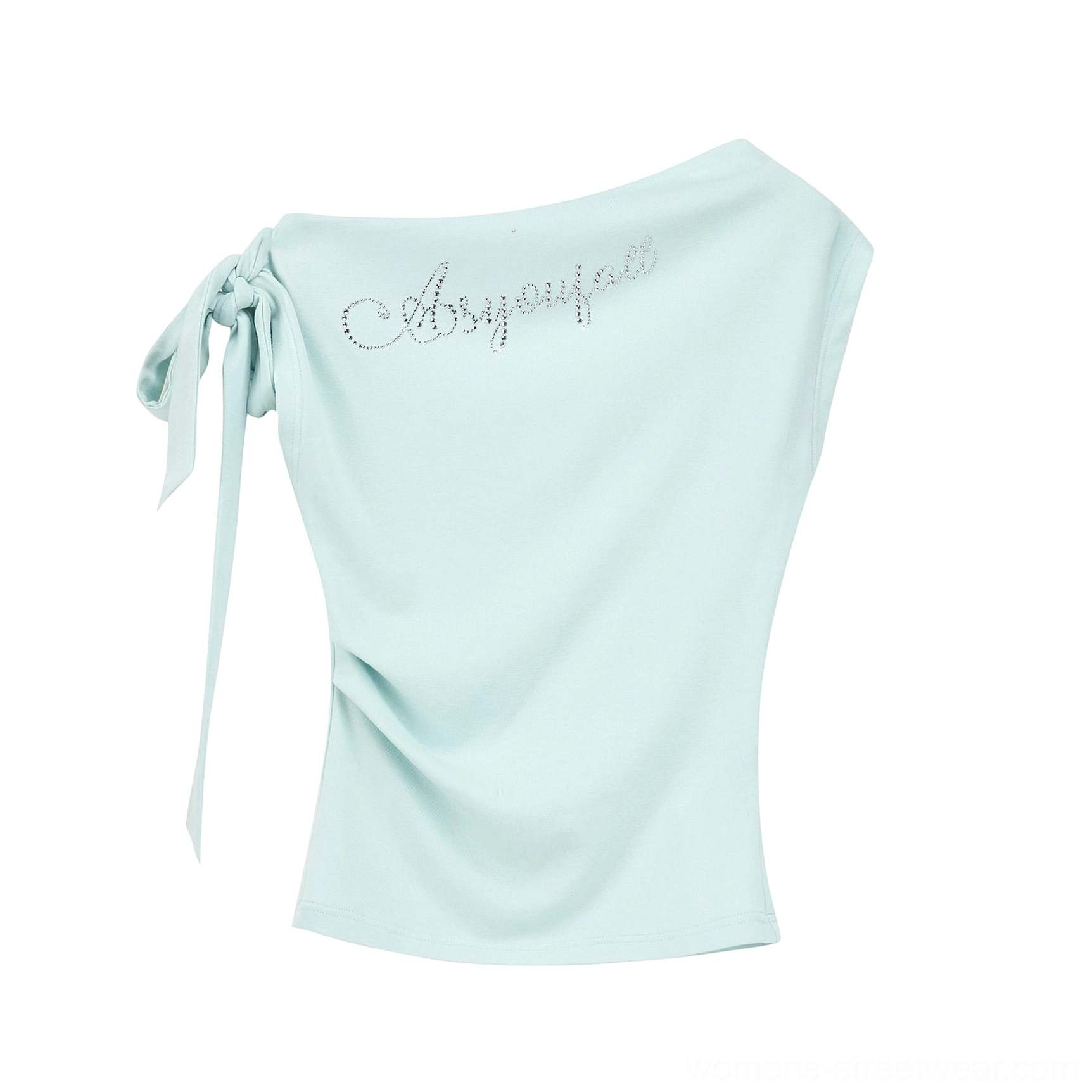 Back flat lay of green mint one-shoulder Y2K bow top with soft ruched waist and rhinestone script graphic
