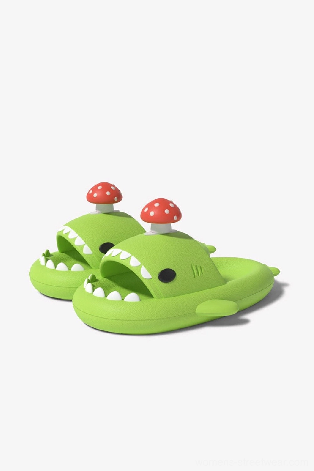 Green monster shark slide slippers with playful shark details and thick EVA sole