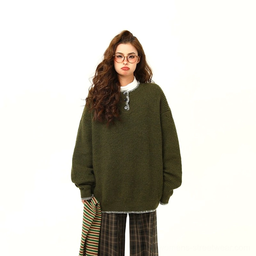 Green color oversized ribbed Henley knit sweater product image with relaxed drop shoulder streetwear fit