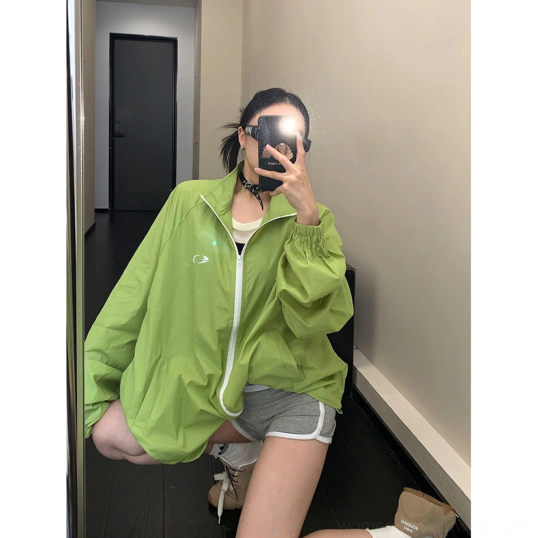Green oversized windbreaker jacket product image with vivid streetwear color, lightweight UPF50+ shell, stand collar, elastic cuffs, and relaxed fit