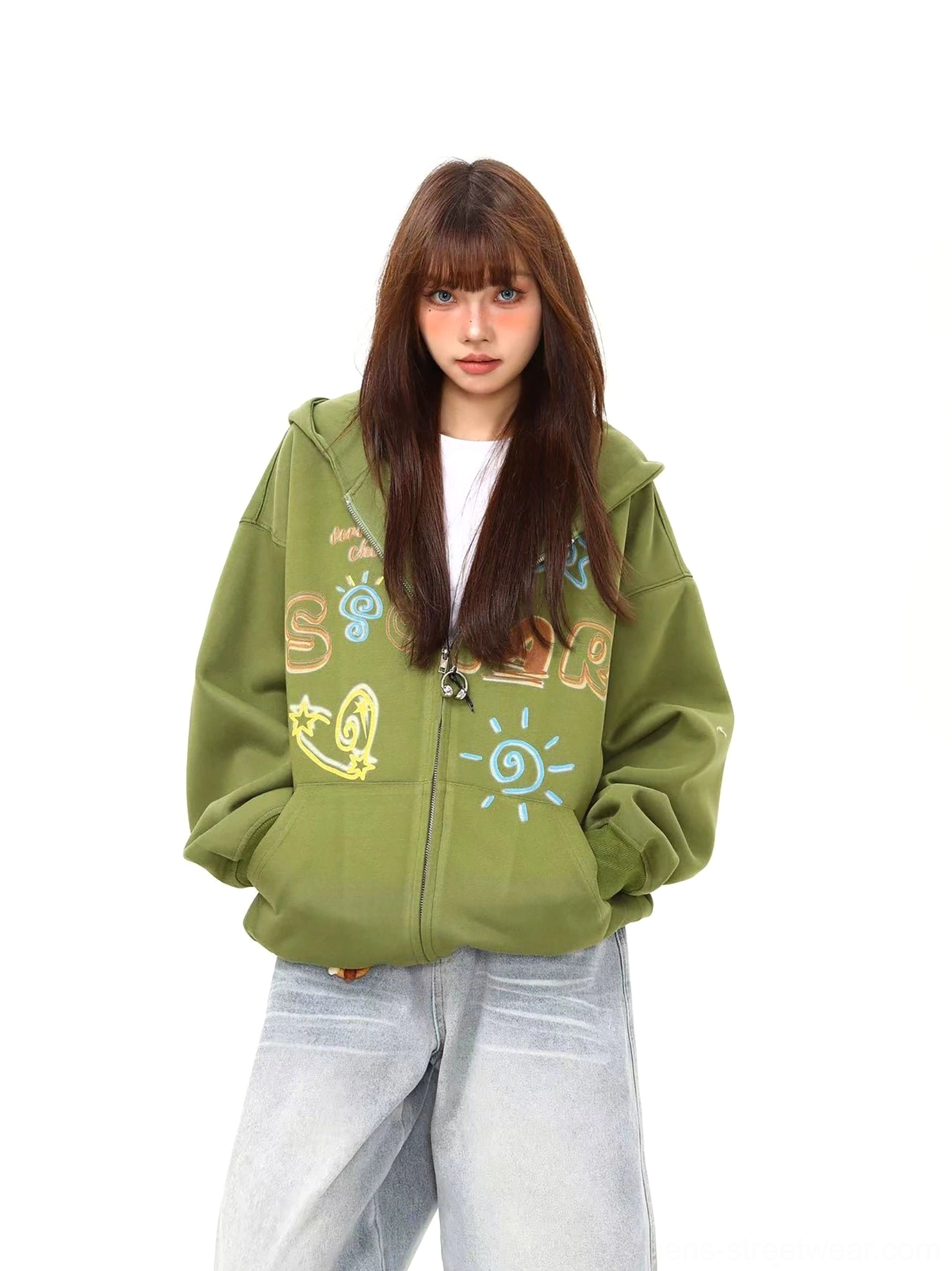 Front view of a green solar doodle hoodie with full zipper, kangaroo pocket, oversized fit, and bold hand-drawn streetwear artwork