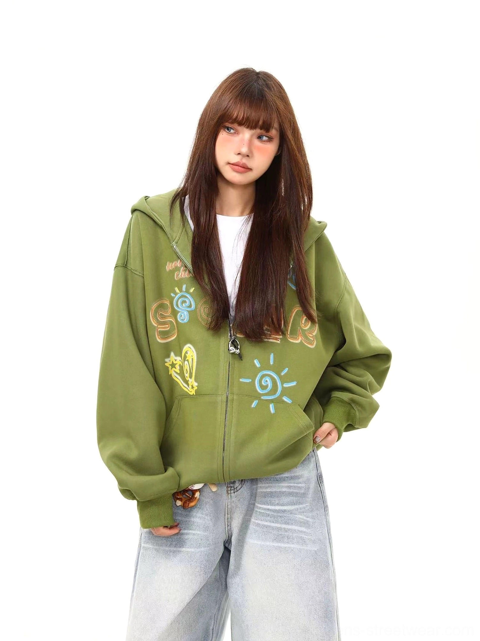 Front view of a green solar doodle washed zip-up hoodie with colorful hand-drawn graffiti graphics, oversized hood, and relaxed Korean streetwear styling