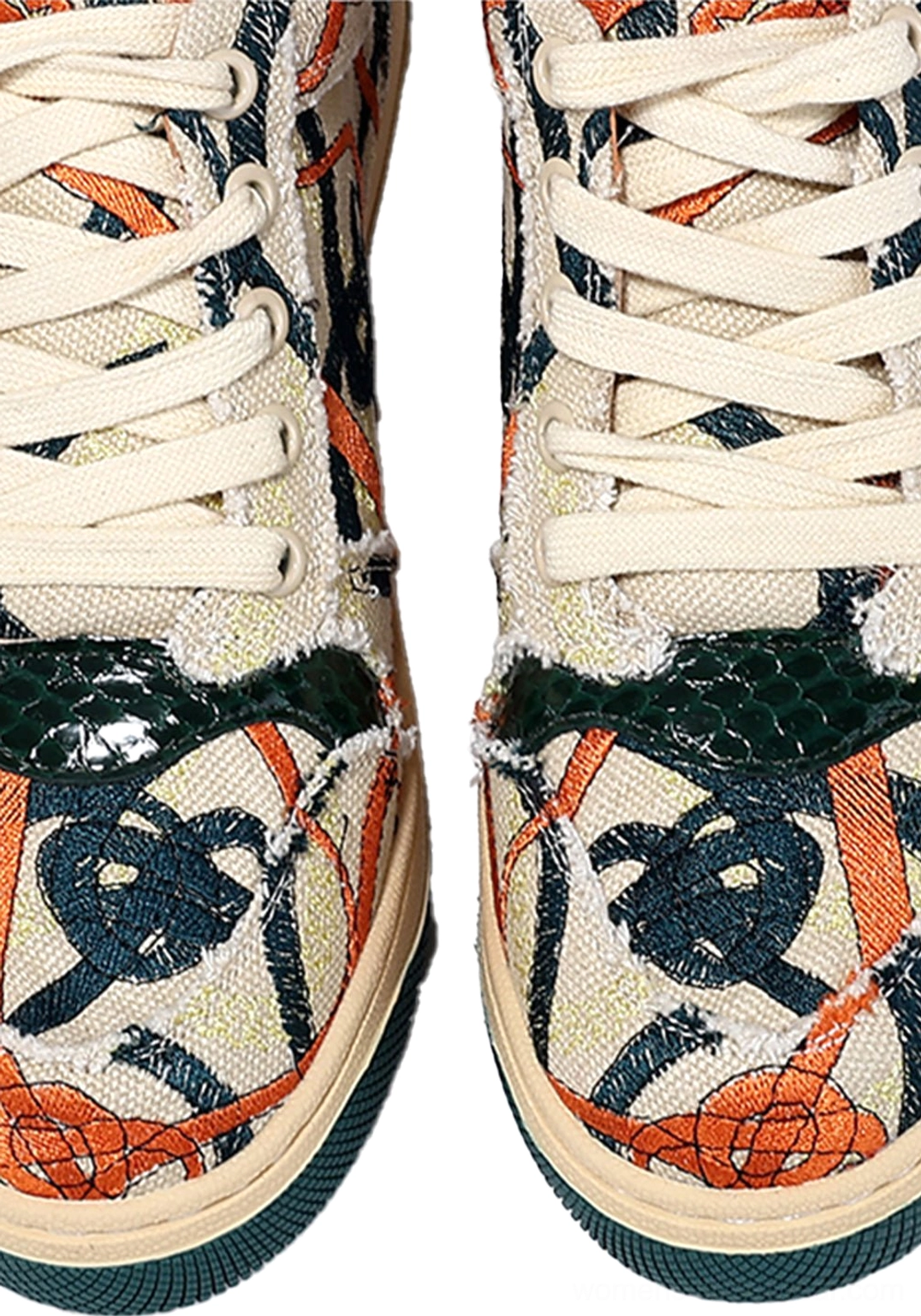 Green sole graffiti canvas low-top streetwear sneakers with multicolor printed artwork and contrast green rubber sole