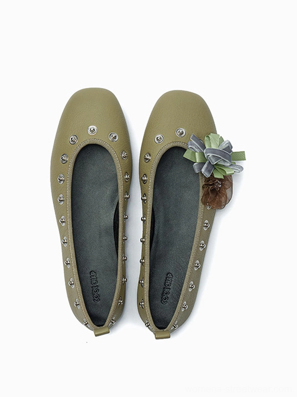 Green studded floral square-toe ballet flats with decorative flower accents