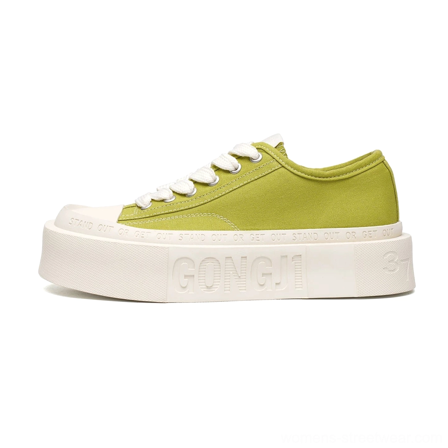 Side view of green and white square toe platform canvas sneakers with lace-up upper and elevated rubber outsole