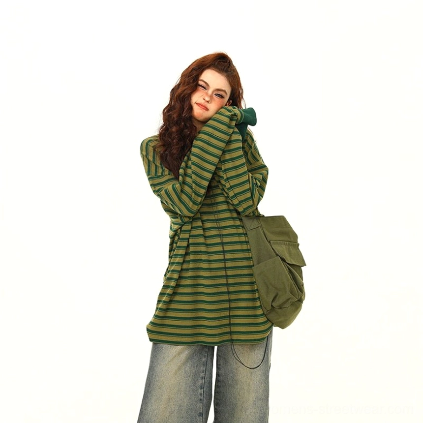Green yellow striped oversized drawstring long sleeve streetwear tee green color variation product view