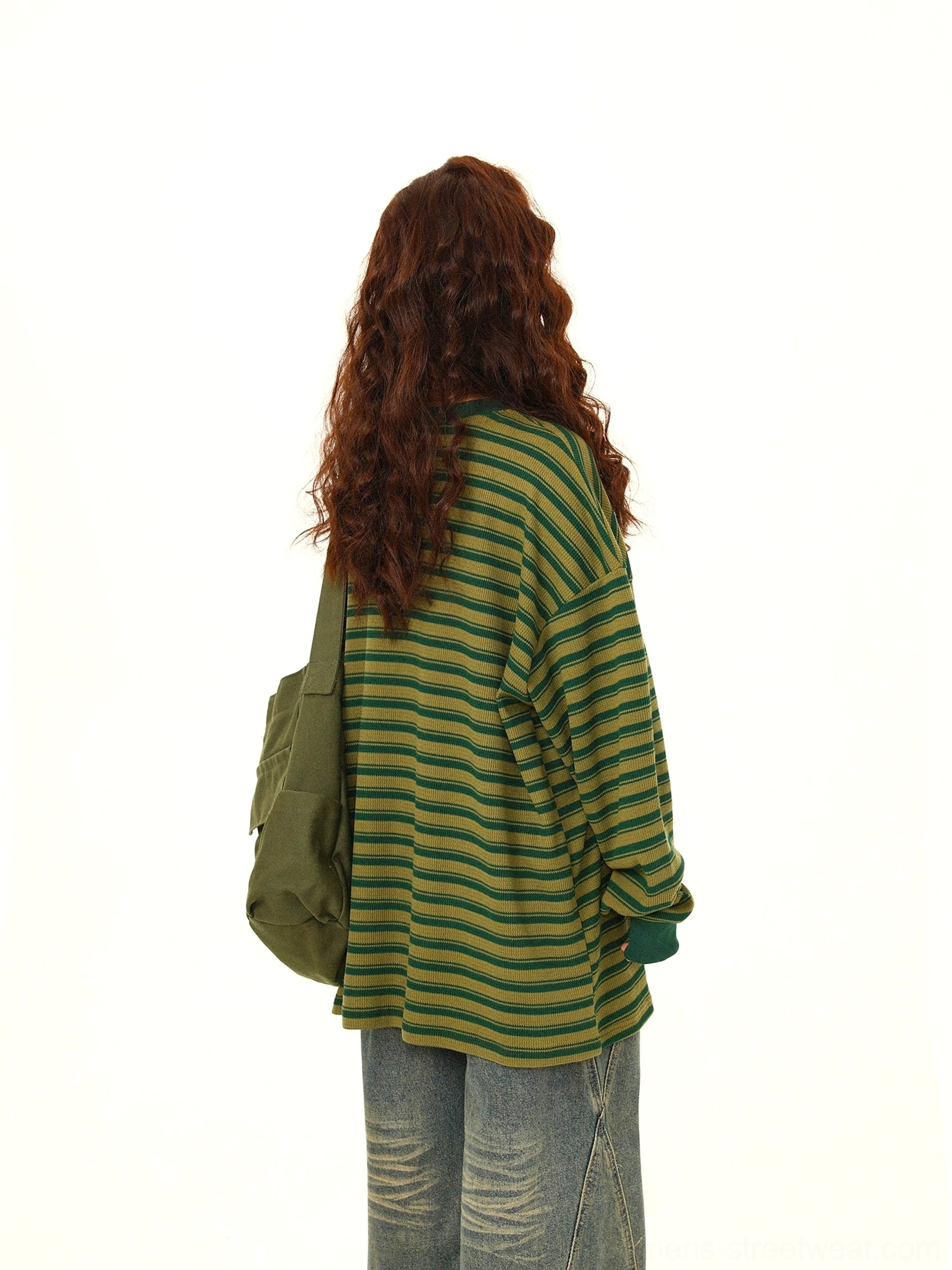 Green yellow striped oversized drawstring long sleeve streetwear tee product detail view