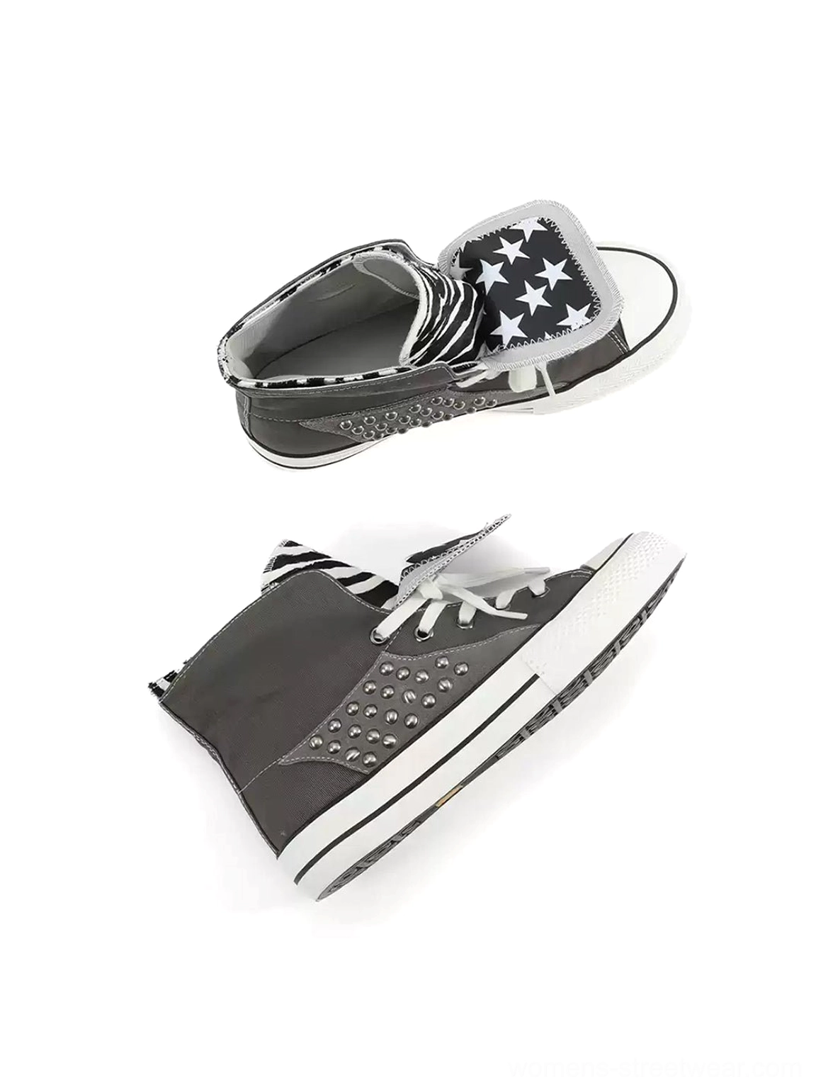 Grey animal print collar high-top canvas sneakers showing star print interior and silver heel rivet details