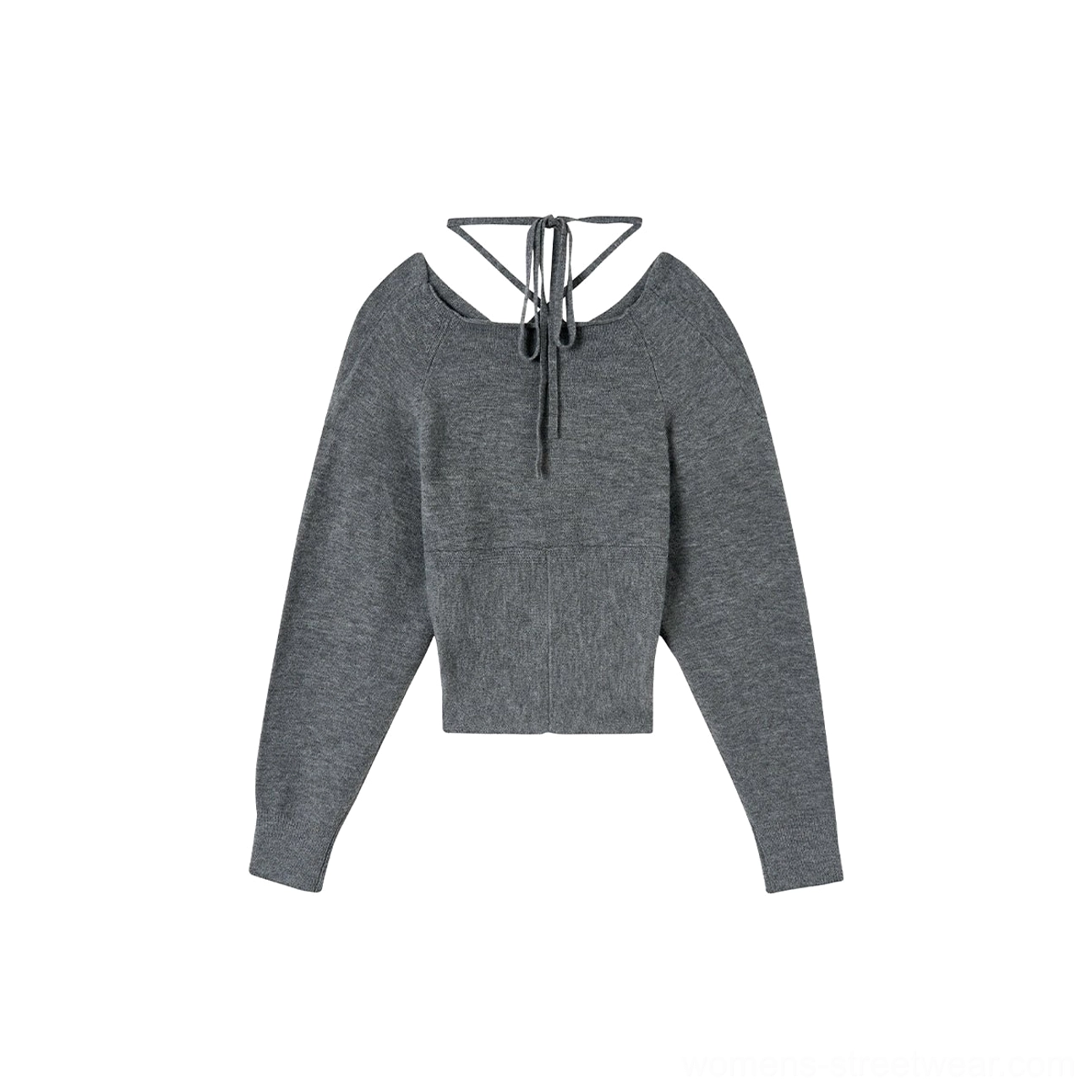 Flat lay front view of a basic grey cropped halter knit top with textured fabric, slim silhouette, and crisscross self-tie strap