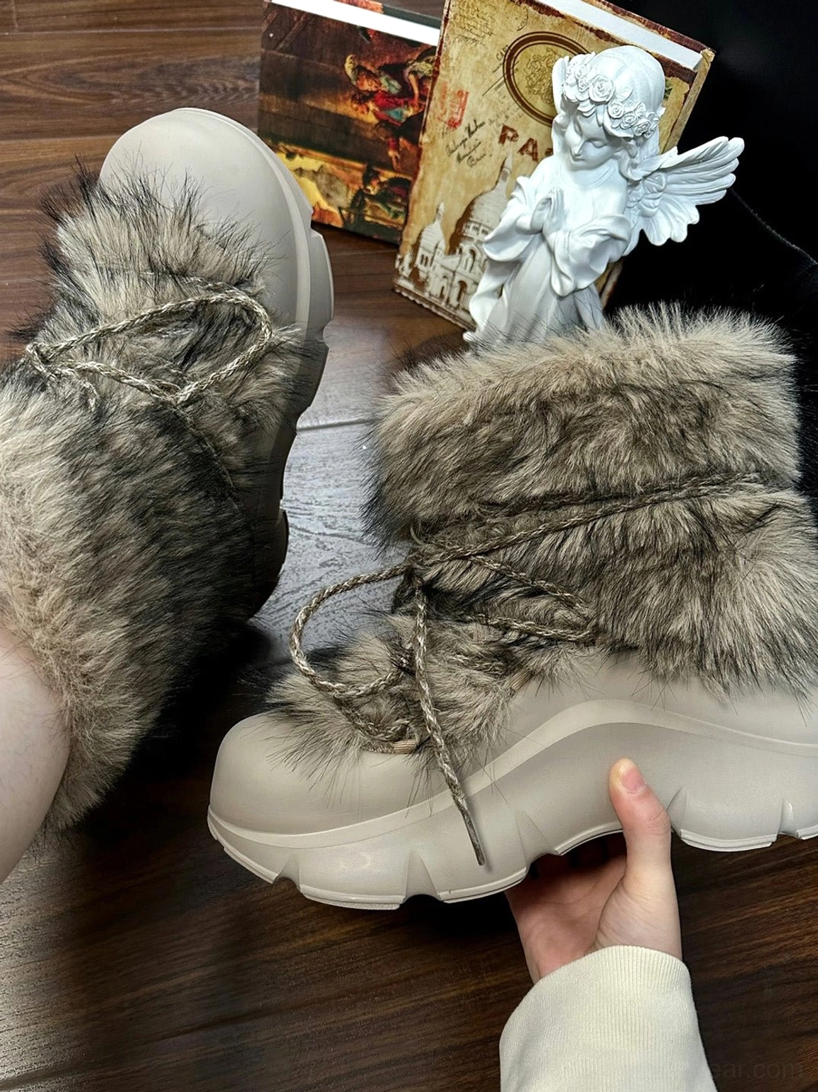 Neutral grey and beige faux fur platform snow boots with decorative bead accents for Y2K and Korean streetwear outfits
