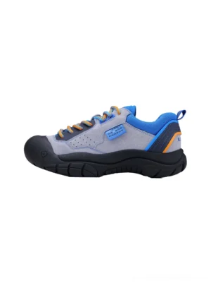 Grey and bright blue trail platform sneakers with orange heel accent blue tongue label and thick black non-slip style outsole