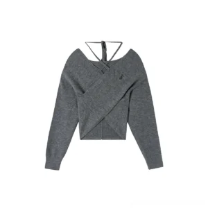 Flat lay view of a grey cropped halter knit top showing the crossed wrap front, back self-tie strap, long sleeves, and textured knit fabric