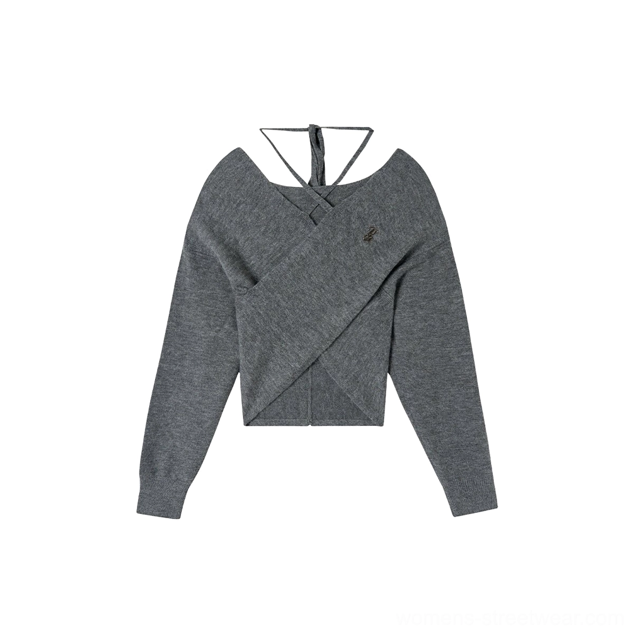 Flat lay view of a grey cropped halter knit top showing the crossed wrap front, back self-tie strap, long sleeves, and textured knit fabric