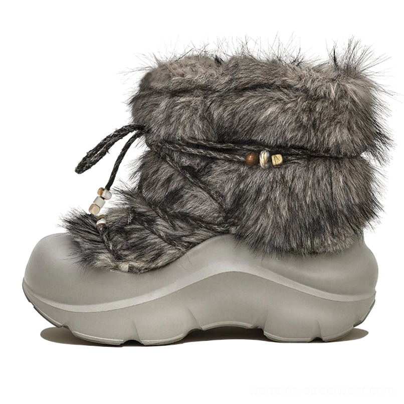 Grey faux fur beaded platform snow boots with soft plush upper, dual drawstrings, and sculpted chunky winter sole