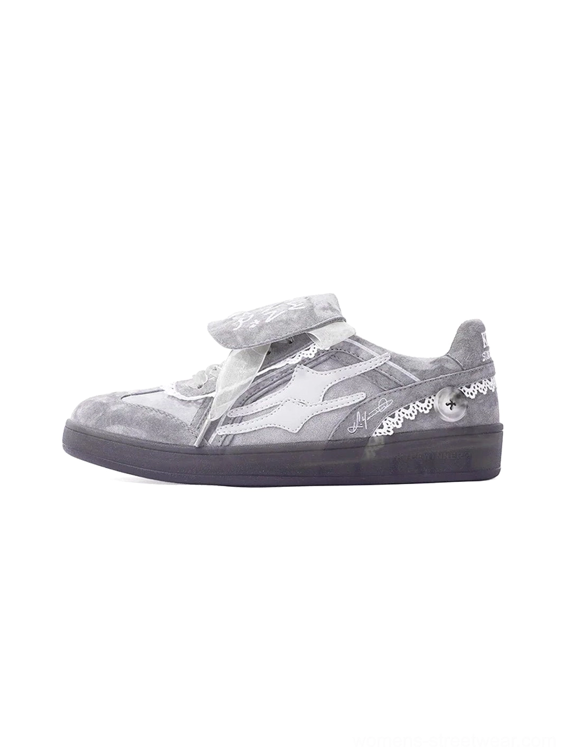 Grey lace-wrapped retro trainer sneaker side view with washed upper, graffiti flap and dark rubber sole