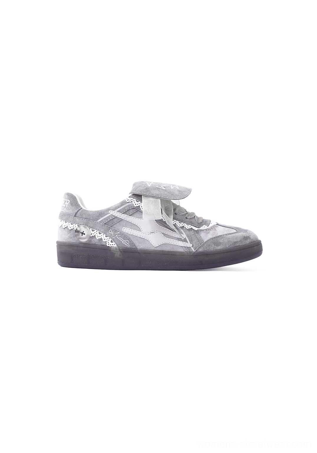 Right-side view of grey lace-wrapped retro trainer sneaker with star logo pattern and dark rubber sole