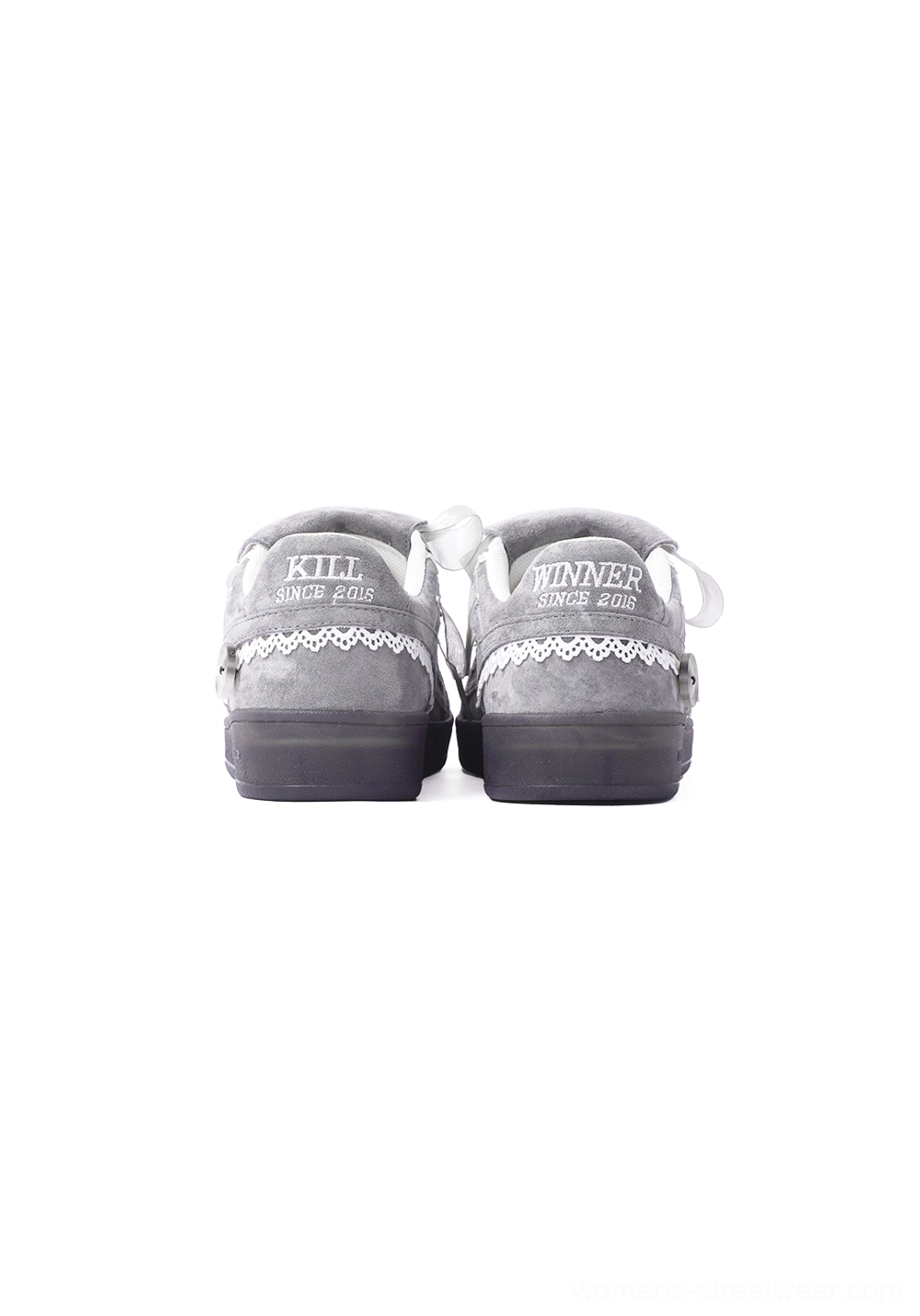 Grey lace-wrapped retro trainer sneakers with washed finish and vintage rubber sole