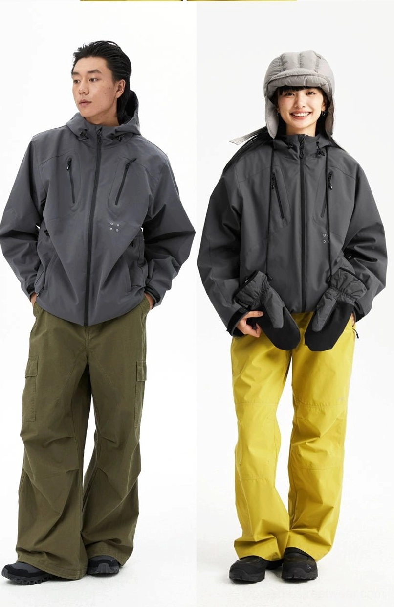 Two outdoor streetwear jacket styles shown in a full-body front view with grey colorways and matching mittens